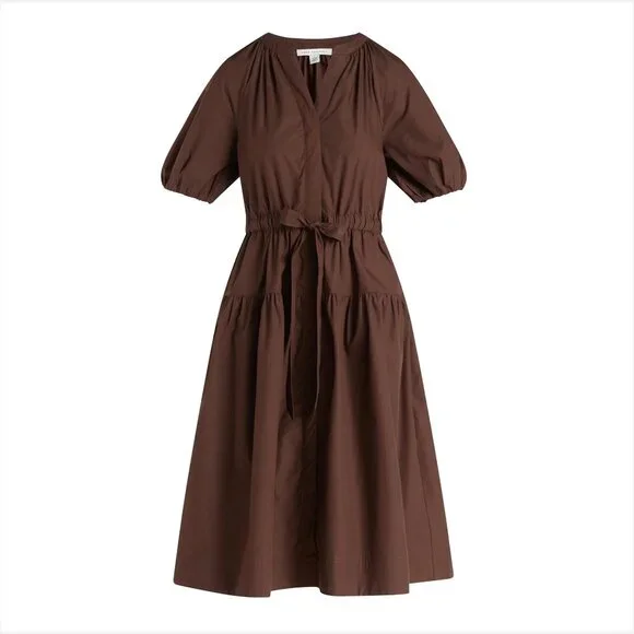 Free Assembly Brown Belted Cotton Midi V-Neck Dress with Puff Sleeves NWT - Picture 1 of 6
